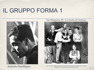 8
IL GRUPPO FORMA 1
Antonio Sanfilippo Pietro Consagra, Mino Guerrini, Ugo Attardi, Carl aAccardi, Achille Perilli, Antonio
Sanfilippo, Piero Dorazio (manca Giulio Turcato)
Via Margutta, 48 - Lo studio di Guttuso
 