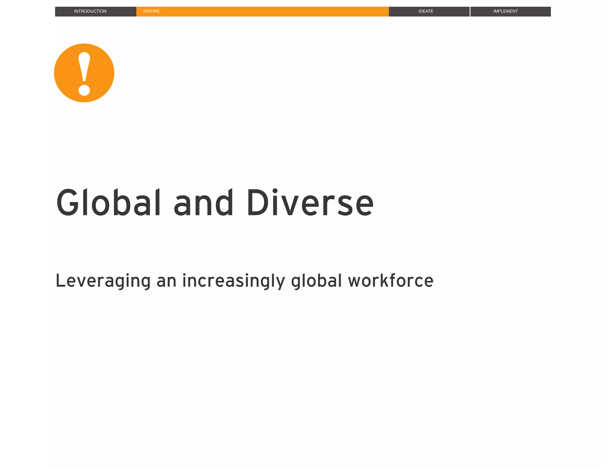 INTRODUCTION INSPIRE IDEATE IMPLEMENT
Global and Diverse
Leveraging an increasingly global workforce
!
!
 