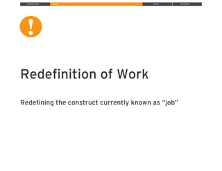 INTRODUCTION INSPIRE IDEATE IMPLEMENT
Redeﬁnition of Work
Redeﬁning the construct currently known as “job”
!
!
 
