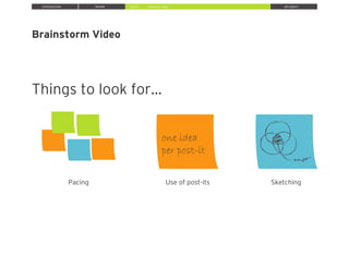 INTRODUCTION INSPIRE IDEATE IMPLEMENT
Pacing Use of post-its Sketching
» Brainstorm Ideas
Brainstorm Video
Things to look for...
one idea
per post-it
 