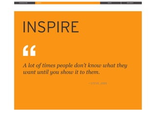 INTRODUCTION INSPIRE IDEATE IMPLEMENT
INSPIRE!
!!!
!!
!!!!
!!!
!A lot of times people don’t know what they
!want until you show it to them.
!
!!
! !— STEVE JOBS
 