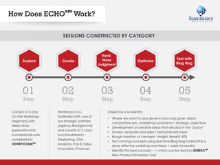How Does ECHO
sm
Work?
Explore Create
Hard-
Nose
Judgment
Test with
Blog Nog
Optimize
01
Step
02
Step
03
Step
04
Step
05
Step
SESSIONS CONSTRUCTED BY CATEGORY
Consists of 2-Day
On-Site Workshop
beginning with
deep-dive/
exploration into
foundational work
completed in
HONEYCOMBsm
Workshop is co-
facilitated with one of
our strategic partners
(Agency Background)
and consists of 3 cross-
functional teams
(Marketing, CMI,
Analytics, R & D, Sales,
Innovation, Finance)
Objective is to identify:
• Where we want to play (level in structure) given direct
competitive sets, marketing constraints + strategic objectives
• Development of creative ideas that will play in the “space”
• Screen, evaluate and select best potential ideas
• Rough creation of concept – Insight, Benefit, RTB
• Test winning concepts using real-time Blog Nog toolset (this is
done after the workshop and takes 1 week for results)
• Identify the best concept -- > which can be fed into EUREKAsm
New Product Simulation Tool
 