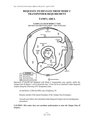 Sun ‘n Fun Fly-In Procedures Effective March 30 – April 6, 2014
~ 31 ~
Sun ‘n Fun
REQUESTS TO DEVIATE FROM MODE C
TRANSPONDER REQUIREMENT
TAMPA AREA
TAMPA CLASS B MODE C VEIL
(DO NOT USE FOR NAVIGATION – NOT TO SCALE)
Operators of aircraft not equipped with Mode C transponders may operate within the
Tampa Class B Mode C veil to attend the Sun ’n Fun Fly-In at Lakeland Linder Regional
Airport along the following ATC-designated route:
At and below 2,500 feet MSL east of Highway 39.
Remain outside of the lateral boundary of the Tampa Class B airspace.
Aircraft must follow the Lakeland Linder Regional Airport arrival and departure
procedures.
CAUTION: This notice does not constitute authorization to enter the Tampa Class B
airspace.
 