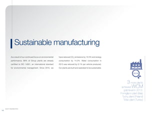 3 more plants
achieved WCM
gold level in 2013:
Pomigliano plant (Italy)
Tychy plant (Poland)
Tofas plant (Turkey)
WCM
(As of 31 December 2013)
1 0
As a result of our continued focus on environmental
performance, 99% of Group plants are already
certified to ISO 14001, an international standard
for environmental management. Since 2010, we
have reduced CO2
emissions by 15.5% and energy
consumption by 14.2%. Water consumption in
2013 was reduced by 6.1% per vehicle produced.
Our plants are built and operated to be sustainable.
Sustainable manufacturing
 
