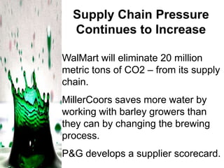 Supply Chain Pressure
Continues to Increase
WalMart will eliminate 20 million
metric tons of CO2 – from its supply
chain.
MillerCoors saves more water by
working with barley growers than
they can by changing the brewing
process.
P&G develops a supplier scorecard.

 