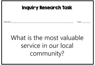 Inquiry Research Task 
Name(s) _____________________________________________________________________________ Class: __________ 
What is the most valuable 
service in our local 
community? 
 