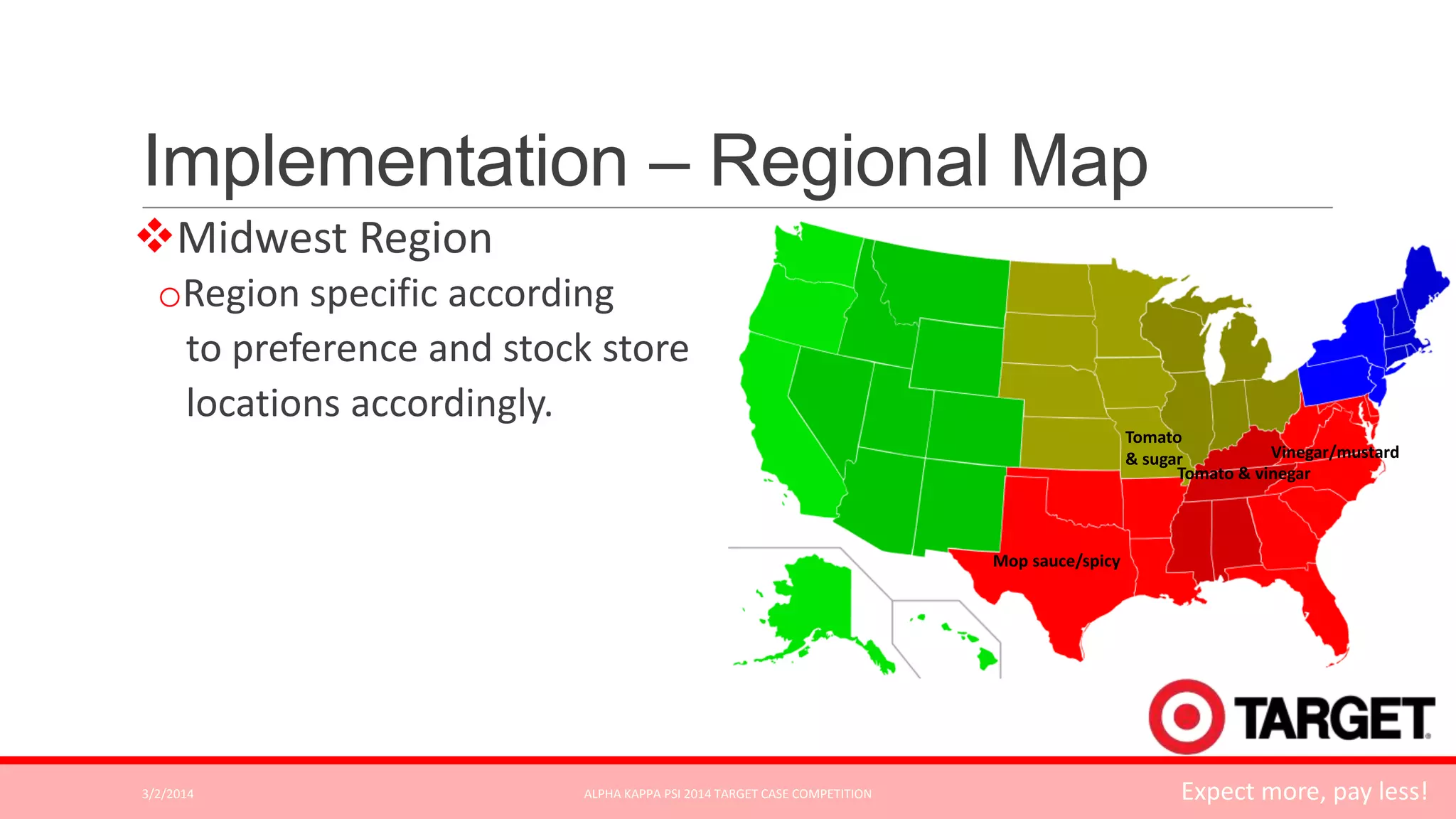 Implementation – Regional Map
Midwest Region
oRegion specific according
to preference and stock store
locations accordingly.
Tomato
Vinegar/mustard
& sugar
Tomato & vinegar

Mop sauce/spicy

3/2/2014

ALPHA KAPPA PSI 2014 TARGET CASE COMPETITION

Expect more, pay less!

 