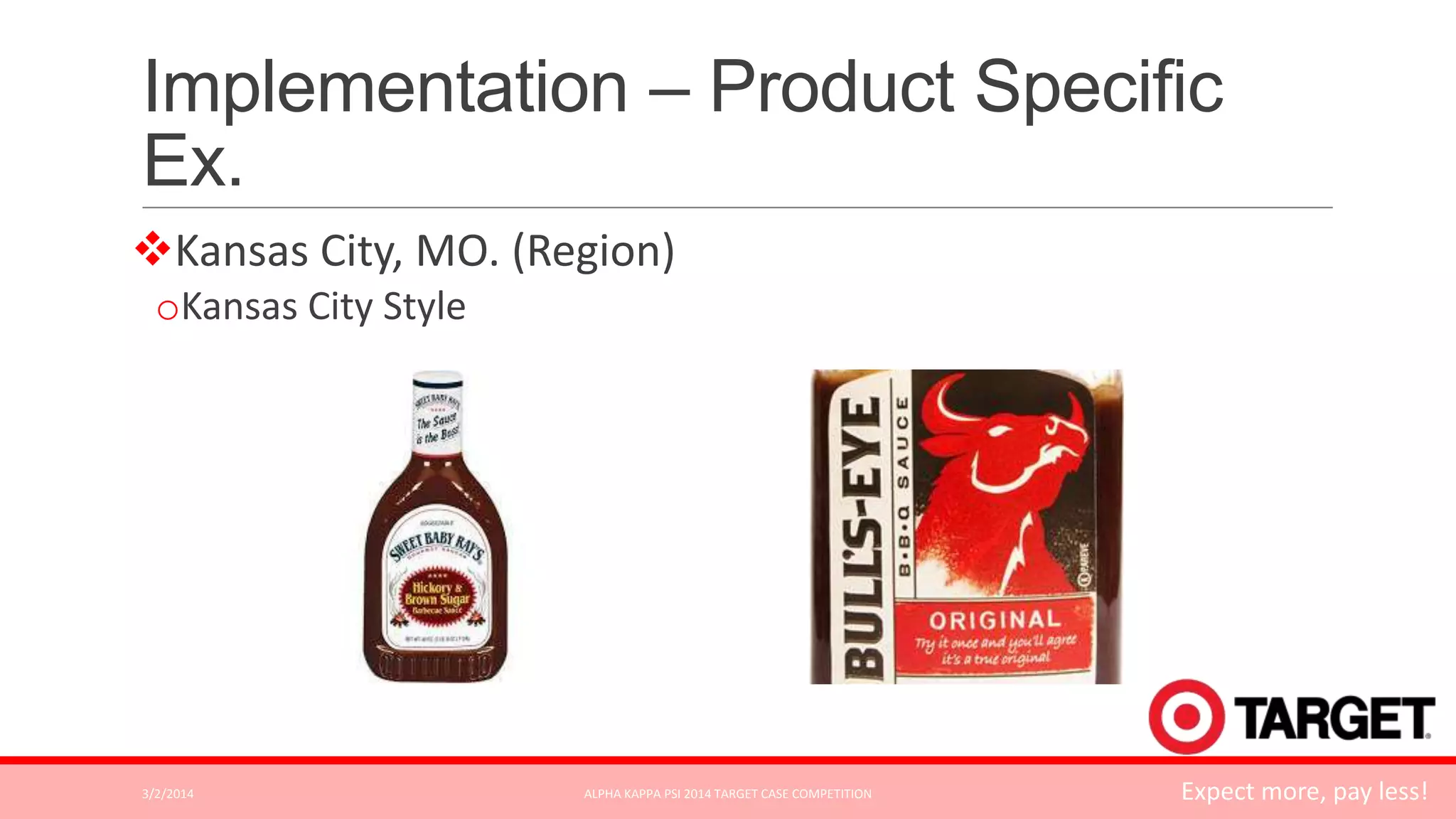 Implementation – Product Specific
Ex.
Kansas City, MO. (Region)
oKansas City Style

3/2/2014

ALPHA KAPPA PSI 2014 TARGET CASE COMPETITION

Expect more, pay less!

 