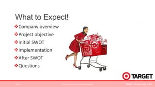What to Expect!
Company overview
Project objective
Initial SWOT
Implementation

After SWOT
Questions

3/2/2014

ALPHA KAPPA PSI 2014 TARGET CASE COMPETITION

Expect more, pay less!

 