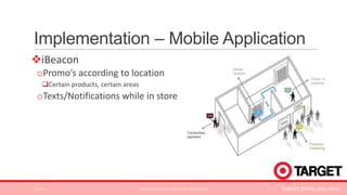 Implementation – Mobile Application
iBeacon
oPromo’s according to location
Certain products, certain areas

oTexts/Notifications while in store

3/2/2014

ALPHA KAPPA PSI 2014 TARGET CASE COMPETITION

Expect more, pay less!

 