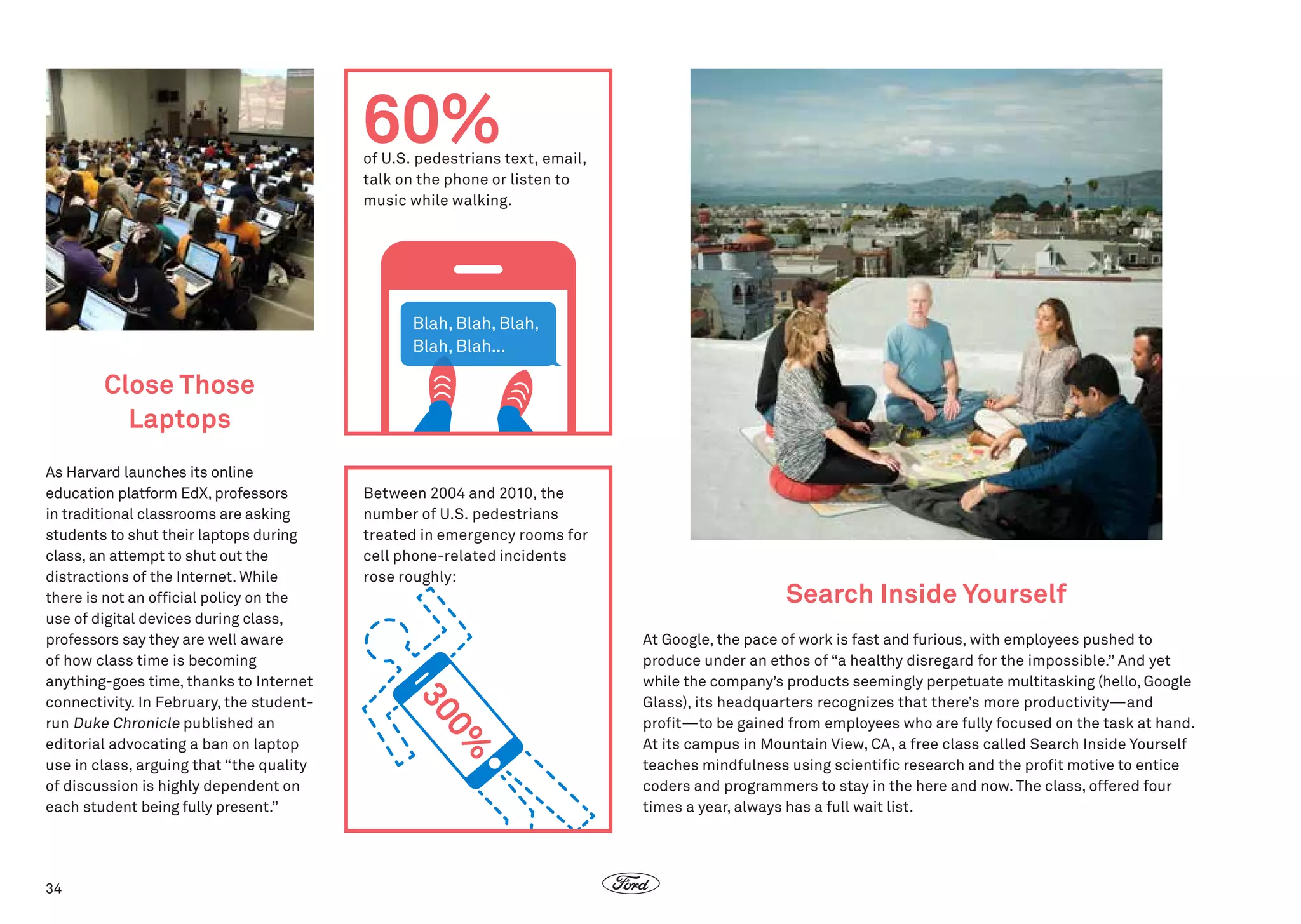 60%

of U.S. pedestrians text, email,
talk on the phone or listen to
music while walking.

Blah, Blah, Blah,
Blah, Blah...

Close Those
Laptops

34

Between 2004 and 2010, the
number of U.S. pedestrians
treated in emergency rooms for
cell phone-related incidents
rose roughly:

0%
30

As Harvard launches its online
education platform EdX, professors
in traditional classrooms are asking
students to shut their laptops during
class, an attempt to shut out the
distractions of the Internet. While
there is not an official policy on the
use of digital devices during class,
professors say they are well aware
of how class time is becoming
anything-goes time, thanks to Internet
connectivity. In February, the studentrun Duke Chronicle published an
editorial advocating a ban on laptop
use in class, arguing that “the quality
of discussion is highly dependent on
each student being fully present.”

Search Inside Yourself
At Google, the pace of work is fast and furious, with employees pushed to
produce under an ethos of “a healthy disregard for the impossible.” And yet
while the company’s products seemingly perpetuate multitasking (hello, Google
Glass), its headquarters recognizes that there’s more productivity—and
profit—to be gained from employees who are fully focused on the task at hand.
At its campus in Mountain View, CA, a free class called Search Inside Yourself
teaches mindfulness using scientific research and the profit motive to entice
coders and programmers to stay in the here and now. The class, offered four
times a year, always has a full wait list.

 