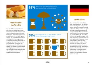 82%

  of Americans agree that vintage products
  have more character than new products. 

GDR Brands
Hostess and
the Twinkie
A staple of American lunchboxes
ever since the 1930s, the Hostess
Twinkie threatened to disappear last
fall as its parent company declared
bankruptcy. Despite rising concerns
around health and the battle against
obesity, the creme-filled spongecake
stirred a rally cry among millions
of devoted consumers who sought to
keep the indomitable Twinkie alive.
A private equity firm bought the
Hostess company and the Twinkie is
back on the shelves—slightly smaller
with slightly fewer calories, but no
less beloved: Hostess said that sales
of its products were seven times
greater than historic levels.

74%

  of adults globally say it is difficult to find products
  that are truly special in today’s world.

After the fall of the Berlin Wall in
1989, many symbols of the German
Democratic Republic disappeared,
quickly replaced by Western culture
and brands. Today, as Germany fights
to remain stable amidst a volatile
European Union, a fierce “ostalgie”
has emerged, referring to nostalgia
for aspects of daily life and culture
in the former East Germany, as well
as its ab­ ence of unemployment and
s
poverty. Ostpaket, a popular retailer
in the center of what was once
East Berlin, sells a medley of East
Germany-era items—the store’s
name loosely translates to “care
package from the East,” a throwback
to a time when West Germans sent
“Westpakets,” including clothes,
food and other West German
products, to friends and relatives
behind the wall.

9

 