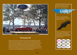 The car has made more than
3,000 screen appearances.

3,000
Dozens of songs have been
written, recorded and released
about the Mustang.

Mustang at 50
2014 marks the 50th anniversary of Ford’s iconic Mustang. With its unique
combination of style, performance and affordability, the Mustang made
history in 1964 by establishing an entirely new class of sporty cars. Since then,
more than 9 million Mustangs have been sold, and today the sports car is the
newest member of an exclusive club of vehicles that have been in continuous
produc­ ion for 50 years. From the racetrack to the silver screen to the airwaves
t
to the toy box, the Mustang has become an enduring part of pop culture—and
it continues to draw new generations of pony car enthusiasts.

10

More than 600 Mustang enthu­ iast
s
clubs exist across the globe,
including the U.S., Canada, Mexico,
South America, Europe, Australia
and even Iceland.

600+ MEX AUS

U.S. •EU• •IS•
CDN •SA•

 