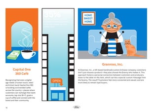 35%

of U.S. consumers in 2013
will shop for holiday gifts at
small businesses, up from
27% in 2012.

Grannies, Inc.
Capital One
360 Café
Recognizing that even a digital
age needs a human touch, retail
and direct bank Capital One 360
is building out branded cafés
across the country—places where
customers can recharge their bank
accounts, tap into Wi-Fi, grab a
cup of coffee and connect with the
brand and their community.

14

OPEN

At Grannies, Inc., a UK-based handmade custom knitwear company, customers
don’t just choose a product—they also choose the Granny who makes it. This
approach fosters a personal connection between customers and producers,
down to the label on the item, which carries a special custom message from
the Granny. The result? Customers feel more connected and valued, and are
more likely to remain loyal buyers.

 
