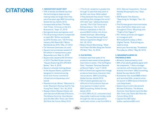 CITATIONS

44

1. INNOVATION’S QUIET RIOT
•	70% of adults worldwide say that
the technological leaps we are
making today are larger than they
were five years ago (BAV Consulting,
Global Survey, Adults 2013)
•	Unreasonable at Sea ( The New
York Times, “A Cruise on the S.S.
Brainstorm,” Sept. 27, 2013)
•	Springwise (www.springwise.com)
•	The 3D printing industry is expected
to reach $3.1 Billion worldwide
by 2016 (Forbes.com, “3D Printing
Industry Will Reach $3.1 Billion
Worldwide by 2016,” Mar. 27, 2012)
•	Citi Ventures (ventures.citi.com)
•	Square now processes upward of
$15 billion in transactions a year
(SquareUp.com, May 14, 2013)
•	Square was valued at $3.25 billion
in 2012 ( The Wall Street Journal,
“Square Exploring 2014 IPO With
Banks,” Nov. 6, 2013)
•	Square is already looking ahead
to the Square Stand, a platform
designed to revolutionize big
brick-and-mortar commerce
infrastructure (squareup.com/
stand)
•	Rwanda’s kLab (Wired, “Welcome to
kLab, Rwanda’s Startup Hub for Top
Young Tech Talent,” Oct. 30, 2013)
•	 ResearchGate (ResearchGate.net;
John Gerzema  Michael D’Antonio,
The Athena Doctrine: How Women
(and the Men Who Think Like Them)
Will Rule the Future, Wiley 2013)

•	77% of U.S. students in grades five
through 12 said that they want to
be their own boss. When asked
if they believed they would “invent
something that changes the world,”
42% said “yes.” (Gallup Business
Journal, “Don’t Fail Tomorrow’s
Entrepreneurs,” Oct. 9, 2012)
•	Venture capitalists in the U.S.
poured $40.9 million into dronerelated startups. (Bloomberg
News, “Drones Delivering Pizza?
Venture Capitalists Wager on it,”
Oct. 30, 2013)
•	Make a Stand (Bloomberg, “Meet
the 9-Year-Old Who Rang the Twitter
IPO Bell,” Nov. 15, 2013)

2012. (Deluxe Corporation, “Annual
Holiday Shopping Survey,” Sept.
2013)
•	GDR Brands ( The Atlantic,
“Searching for Ostalgie,” Dec. 20,
2011)
•	The Chinese government estimates
that a half-billion bikes are in use
throughout China. (Bicycling.com,
“Flight of the Pigeon”)
•	63+ million pictures are tagged
on Instagram with
#throwbackthursday or #tbt.
(Digital Trends, “Everything you
need to know
about your favorite day: Throwback
Thursday (er, #tbt),” May 30, 2013)

2. OLD SCHOOL
•	Hostess said that sales of its
products were seven times greater
than historic levels. ( The Huffington
Post, “Hostess: Twinkies Demand
at Record Highs,” July 17, 2013)
•	82% of Americans agree that vintage
products have more character than
new products. (BAV Consulting,
Global Survey, Adults 2013)
•	74% of adults globally say it is
difficult to find products that are
truly special in today’s world.
(BAV Consulting, Global Survey,
Adults 2013)
•	In 2013, 86% of U.S. consumers said
they prefer traditional holiday cards
through the mail as opposed to
cards sent online, a rise from 80% in

3. MEANINGFULNESS VS.
THE MIDDLE MAN
•	Winestyr (www.winestyr.com)
•	66% of all adults globally agree with
the statement, “I feel a stronger
connection with brands when I buy
directly from them” (BAV Consulting,
Global Survey, Adults 2013)
•	Kickstarter has raised $880 million
and launched 50k+ projects since
its launch in 2009 (www.kickstarter.
com/help/stats)
•	Gaston Acurio (John Gerzema 
Michael D’Antonio, The Athena
Doctrine: How Women (and the Men
Who Think Like Them) Will Rule the
Future, Wiley 2013)
•	Capital One 360 Cafes
(cafes.capitalone360.com)

 
