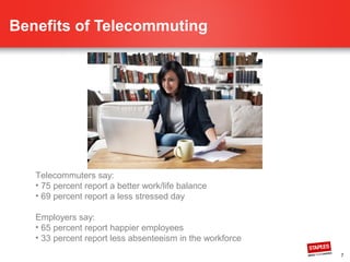 7
Benefits of Telecommuting
Telecommuters say:
• 75 percent report a better work/life balance
• 69 percent report a less stressed day
Employers say:
• 65 percent report happier employees
• 33 percent report less absenteeism in the workforce
 