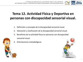 4º GRADO EN CIENCIAS DE LA ACTIVIDAD FÍSICA Y DEL DEPORTE.

ACTIVIDAD FÍSICA Y DEPORTIVA PARA PERSONAS CON DISCAPACIDAD

Tema 12. Actividad Física y Deportiva en
personas con discapacidad sensorial visual.
1. Definición y concepto de la discapacidad sensorial visual.
2. Valoración y clasificación de la discapacidad sensorial visual.
3. Beneficios de la actividad física en personas con discapacidad
sensorial visual.
4. Orientaciones metodológicas

1

 