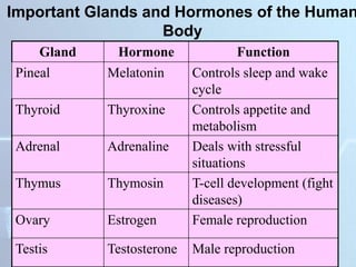 Important Glands and Hormones of the Human
Body
Gland Hormone Function
Pineal Melatonin Controls sleep and wake
cycle
Thyroid Thyroxine Controls appetite and
metabolism
Adrenal Adrenaline Deals with stressful
situations
Thymus Thymosin T-cell development (fight
diseases)
Ovary Estrogen Female reproduction
Testis Testosterone Male reproduction
 