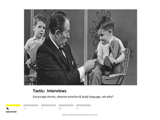 Tactic: Interviews
Encourage stories, observe emotion & body language, ask why?
www.thecreativitycollective.com
 
