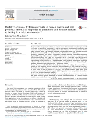Oxidative actions of hydrogen peroxide in human gingival and oral
periosteal ﬁbroblasts: Responses to glutathione and nicotine, relevant
to healing in a redox environment$
Federico Tinti, Mena Soory n
King's College London Dental Institute, Guy's Dental Hospital, London SE1 9RT, UK
a r t i c l e i n f o
Article history:
Received 1 November 2013
Received in revised form
26 November 2013
Accepted 29 November 2013
Available online 10 December 2013
Keywords:
Hydrogen peroxide
Nicotine
Glutathione
Oxidative stress
Redox markers
Wound healing
a b s t r a c t
Background: This study aims to validate pro-oxidant actions of nicotine (N), using hydrogen peroxide
(H2O2) and the antioxidant glutathione (G) in an in vitro model of human gingival ﬁbroblasts (HGF)
and human oral periosteal ﬁbroblasts (HPF); radiolabelled androgens are used as biomarkers of redox
status. Oxidative stress is an important mediator of inﬂammatory repair. The androgen metabolite
5α-dihydrotestosterone (DHT) is an effective biomarker of oxidative stress and healing.
Methods: 6 Cell-lines of HGF and HPF established in conﬂuent monolayer culture were incubated in
Eagle's MEM using 14C-testosterone and 14C-4-androstendione as substrate; in conjunction with
effective concentrations of N, G and H2O2 established at N250, G3 μg/ml and 3%H2O2 w/w, 0.5 μl/ml.
Combinations of H2O2G and H2O2GN were used in order to compare the oxidative effects of N/H2O2 and
their responses to glutathione. At 24 h, the medium was solvent extracted, evaporated to dryness and
subjected to TLC in a benzene/acetone solvent system 4:1 v/v for the separation of metabolites. The
separated metabolites were quantiﬁed using a radioisotope scanner.
Results: The mean trends of 6 cell-lines for both substrates and each cell type demonstrated that the
yield of the main metabolite DHT was signiﬁcantly reduced by N and H2O2 alone (2-fold, n¼6; po0.01).
The inhibition caused by H2O2 was overcome by the antioxidant glutathione in the combination H2O2G,
to values similar to those of controls (n¼6; po0.01). It is relevant that when N was added to this
neutralized combination, the decrease in yields of DHT triggered by N were comparable to those induced
by H2O2; and retaining the positive effect of G.
Conclusion: Oxidative stress mediated by H2O2 was overcome by glutathione and recurred when nicotine
was added, suggestive of a pro- oxidant role for nicotine. Androgen biomarkers are a sensitive index of
oxidative stress which affects wound healing.
& 2013 The Authors. Published by Elsevier B.V. All rights reserved.
Introduction
The aim of this investigation is to study the modulatory effects
of the antioxidant glutathione on the oxidative effects of hydrogen
peroxide (H2O2), in order to validate pro-oxidant actions of
nicotine in human gingival ﬁbroblasts (HGF) and human oral
periosteal ﬁbroblasts (HPF). Steroid hormones are effective bio-
markers of matrix synthesis and oxidative stress. These actions
have applications in our investigation in utilising radiolabelled
androgen substrates 14C-testosterone and 14C-4-androstenedione
for in vitro assays of metabolic markers formed in response to
agents tested in cell culture; in the context of wound healing in a
redox environment, using hydrogen peroxide (H2O2), nicotine
(N) and glutathione. The rationale for using the agents tested is
addressed below, in order to coordinate with wound healing and
antioxidant actions of androgen metabolites used as markers in
our cell culture experiments.
Androgen biomarkers
The biologically active androgen DHT has antioxidant proper-
ties and it is an effective marker of oxidative stress [1]. It is
signiﬁcant that androgen hormones trigger antioxidant enzyme
action via relevant gene activation [2], demonstrating applications
as redox markers. They also have direct antioxidant actions [3].
DHT induces anti-apoptotic proteins and reduces oxidative stress
in a redox environment [4]. Androgen receptor (AR) proteins
directly activated by DHT play an important role as redox
regulators via direct actions on glutathione S-transferase [5].
Contents lists available at ScienceDirect
journal homepage: www.elsevier.com/locate/redox
Redox Biology
2213-2317/$ - see front matter & 2013 The Authors. Published by Elsevier B.V. All rights reserved.
http://dx.doi.org/10.1016/j.redox.2013.11.008
☆
This is an open-access article distributed under the terms of the Creative
Commons Attribution-NonCommercial-No Derivative Works License, which per-
mits non-commercial use, distribution, and reproduction in any medium, provided
the original author and source are credited.
n
Corresponding author. Tel.: þ44 203299 3591; fax: þ44 2032993826.
E-mail address: mena.soory@kcl.ac.uk (M. Soory).
Redox Biology 2 (2014) 36–43
 