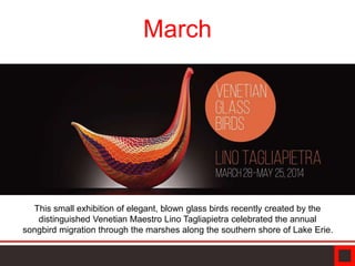 March
This small exhibition of elegant, blown glass birds recently created by the
distinguished Venetian Maestro Lino Tagliapietra celebrated the annual
songbird migration through the marshes along the southern shore of Lake Erie.
 