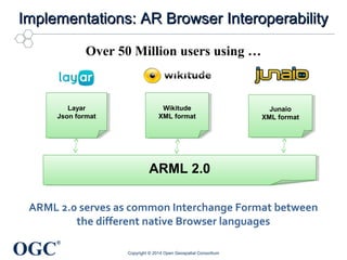 Implementations: AARR BBrroowwsseerr IInntteerrooppeerraabbiilliittyy 
Over 50 Million users using … 
Json format 
OGC® 
L...