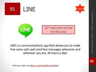 LINE 
LINE is a communications app that allows you to make 
free voice calls and send free messages whenever and 
wherever you are, 24 hours a day! 
Top 100 Tools for Learning 2014 
95 
Find out more at c4lpt.co.uk/top100tools/LINE/ 
95 
12th new entry on the 
list this year 
Published 22 September 2014 
new 
 