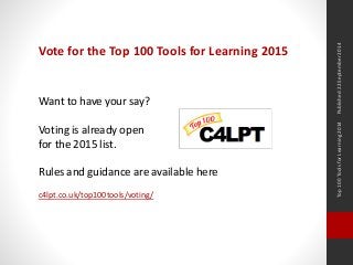 Top 100 Tools for Learning 2014 Published 22 September 2014 
Vote for the Top 100 Tools for Learning 2015 
Want to have your say? 
Voting is already open 
for the 2015 list. 
Rules and guidance are available here 
c4lpt.co.uk/top100tools/voting/ 
 