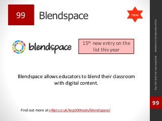 Blendspace 
Blendspace allows educators to blend their classroom 
with digital content. 
Top 100 Tools for Learning 2014 
99 
Find out more at c4lpt.co.uk/top100tools/blendspace/ 
99 
15th new entry on the 
list this year 
Published 22 September 2014 
new 
 