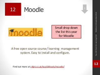 Moodle 
A free open source course/ learning management 
system. Easy to install and configure. 
Top 100 Tools for Learning 2014 
12 
Find out more at c4lpt.co.uk/top100tools/moodle/ 
12 
Small drop down 
the list this year 
for Moodle 
Published 22 September 2014 
1 
 