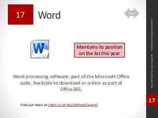 Word 
Word processing software, part of the Microsoft Office 
suite. Available to download or online as part of 
Office365. 
Top 100 Tools for Learning 2014 
17 
Find out more at c4lpt.co.uk/top100tools/word/ 
17 
Maintains its position 
on the list this year 
Published 22 September 2014 
same 
 