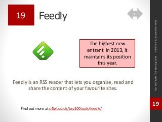 Feedly 
Feedly is an RSS reader that lets you organise, read and 
share the content of your favourite sites. 
Top 100 Tools for Learning 2014 
19 
Find out more at c4lpt.co.uk/top100tools/feedly/ 
19 
The highest new 
entrant in 2013, it 
maintains its position 
this year. 
Published 22 September 2014 
0 
 