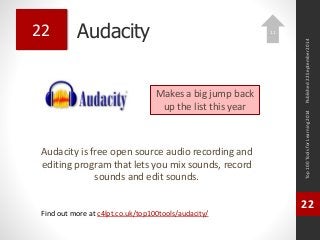 Audacity 
Audacity is free open source audio recording and 
editing program that lets you mix sounds, record 
sounds and edit sounds. 
Top 100 Tools for Learning 2014 
22 
Find out more at c4lpt.co.uk/top100tools/audacity/ 
22 
Makes a big jump back 
up the list this year 
Published 22 September 2014 
11 
 