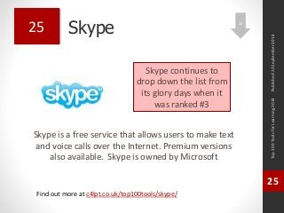 Skype 
Skype is a free service that allows users to make text 
and voice calls over the Internet. Premium versions 
also available. Skype is owned by Microsoft 
Top 100 Tools for Learning 2014 
25 
Find out more at c4lpt.co.uk/top100tools/skype/ 
25 
Skype continues to 
drop down the list from 
its glory days when it 
was ranked #3 
Published 22 September 2014 
12 
 