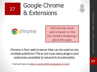 Google Chrome 
& Extensions 
Chrome is free web browser that can be used across 
multiple platforms There are now many plugins and 
extensions available to extend its functionality. 
Top 100 Tools for Learning 2014 
27 
Find out more at c4lpt.co.uk/top100tools/google-chrome/ 
27 
Still the top rated 
web browser on the 
list, despite dropping a 
place this year. 
Published 22 September 2014 
1 
 