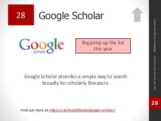 Google Scholar 
Google Scholar provides a simple way to search 
broadly for scholarly literature. 
Top 100 Tools for Learning 2014 
28 
Find out more at c4lpt.co.uk/top100tools/google-scholar/ 
28 
Big jump up the list 
this year 
Published 22 September 2014 
7 
 