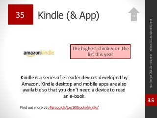 Kindle (& App) 
Kindle is a series of e-reader devices developed by 
Amazon. Kindle desktop and mobile apps are also 
available so that you don’t need a device to read 
an e-book 
Top 100 Tools for Learning 2014 
35 
Find out more at c4lpt.co.uk/top100tools/kindle/ 
35 
The highest climber on the 
list this year 
Published 22 September 2014 
43 
 