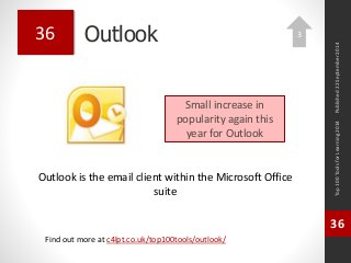 Outlook 
Outlook is the email client within the Microsoft Office 
suite 
Top 100 Tools for Learning 2014 
36 
Find out more at c4lpt.co.uk/top100tools/outlook/ 
36 
Small increase in 
popularity again this 
year for Outlook 
Published 22 September 2014 
3 
 