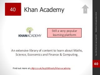 Khan Academy 
An extensive library of content to learn about Maths, 
Science, Economics and Finance & Computing. 
Top 100 Tools for Learning 2014 
40 
Find out more at c4lpt.co.uk/top100tools/khan-academy 
40 
Still a very popular 
learning platform 
Published 22 September 2014 
1 
 