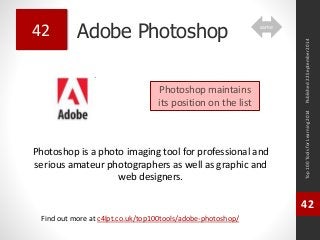 Adobe Photoshop 
Photoshop is a photo imaging tool for professional and 
serious amateur photographers as well as graphic and 
web designers. 
Top 100 Tools for Learning 2014 
42 
Find out more at c4lpt.co.uk/top100tools/adobe-photoshop/ 
42 
Photoshop maintains 
its position on the list 
Published 22 September 2014 
same 
 
