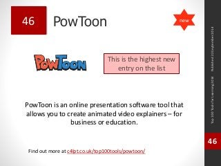 PowToon 
PowToon is an online presentation software tool that 
allows you to create animated video explainers – for 
business or education. 
Top 100 Tools for Learning 2014 
46 
Find out more at c4lpt.co.uk/top100tools/powtoon/ 
46 
This is the highest new 
entry on the list 
Published 22 September 2014 
new 
 