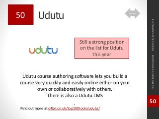 Udutu 
Udutu course authoring software lets you build a 
course very quickly and easily online either on your 
own or collaboratively with others. 
There is also a Udutu LMS 
. 
Top 100 Tools for Learning 2014 
50 
Find out more at c4lpt.co.uk/top100tools/udutu/ 
50 
Still a strong position 
on the list for Udutu 
this year 
Published 22 September 2014 
same 
 