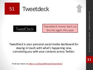 Tweetdeck 
TweetDeck is your personal social media dashboard for 
staying in touch with what’s happening now, 
connecting you with your contacts across Twitter. 
Top 100 Tools for Learning 2014 
51 
Find out more at c4lpt.co.uk/top100tools/tweetdeck/ 
51 
Tweetdeck moves back up 
the list again this year 
Published 22 September 2014 
12 
 