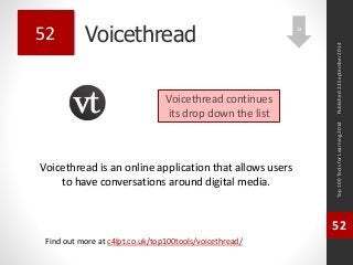 Voicethread 
Voicethread is an online application that allows users 
to have conversations around digital media. 
Top 100 Tools for Learning 2014 
52 
Find out more at c4lpt.co.uk/top100tools/voicethread/ 
52 
Voicethread continues 
its drop down the list 
Published 22 September 2014 
12 
 