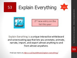 Explain Everything 
Explain Everything is a unique interactive whiteboard 
and screencasting app that lets you annotate, animate, 
narrate, import, and export almost anything to and 
from almost anywhere. 
Top 100 Tools for Learning 2014 
53 
Find out more at c4lpt.co.uk/top100tools/explain-everything/ 
53 
2nd new entry on the 
list this year 
Published 22 September 2014 
new 
 