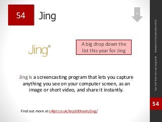 Jing 
Jing is a screencasting program that lets you capture 
anything you see on your computer screen, as an 
image or short video, and share it instantly. 
Top 100 Tools for Learning 2014 
54 
Find out more at c4lpt.co.uk/top100tools/jing/ 
54 
A big drop down the 
list this year for Jing 
Published 22 September 2014 
27 
 