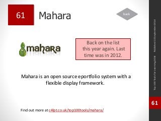 Mahara 
Mahara is an open source eportfolio system with a 
flexible display framework. 
Top 100 Tools for Learning 2014 
61 
Find out more at c4lpt.co.uk/top100tools/mahara/ 
61 
Back on the list 
this year again. Last 
time was in 2012. 
Published 22 September 2014 
back 
 