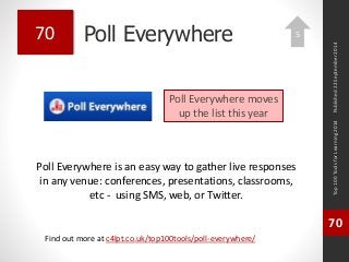 Poll Everywhere 
Poll Everywhere is an easy way to gather live responses 
in any venue: conferences, presentations, classrooms, 
etc - using SMS, web, or Twitter. 
Top 100 Tools for Learning 2014 
70 
Find out more at c4lpt.co.uk/top100tools/poll-everywhere/ 
70 
Poll Everywhere moves 
up the list this year 
Published 22 September 2014 
5 
 