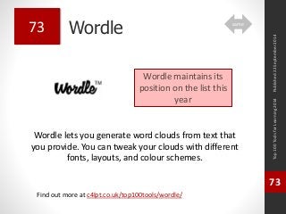 Wordle 
Wordle lets you generate word clouds from text that 
you provide. You can tweak your clouds with different 
fonts, layouts, and colour schemes. 
Top 100 Tools for Learning 2014 
73 
Find out more at c4lpt.co.uk/top100tools/wordle/ 
73 
Wordle maintains its 
position on the list this 
year 
Published 22 September 2014 
same 
 