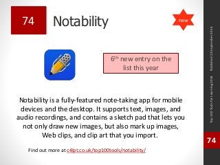Notability 
Notability is a fully-featured note-taking app for mobile 
devices and the desktop. It supports text, images, and 
audio recordings, and contains a sketch pad that lets you 
not only draw new images, but also mark up images, 
Web clips, and clip art that you import. 
Top 100 Tools for Learning 2014 
74 
Find out more at c4lpt.co.uk/top100tools/notability/ 
74 
6th new entry on the 
list this year 
Published 22 September 2014 
new 
 